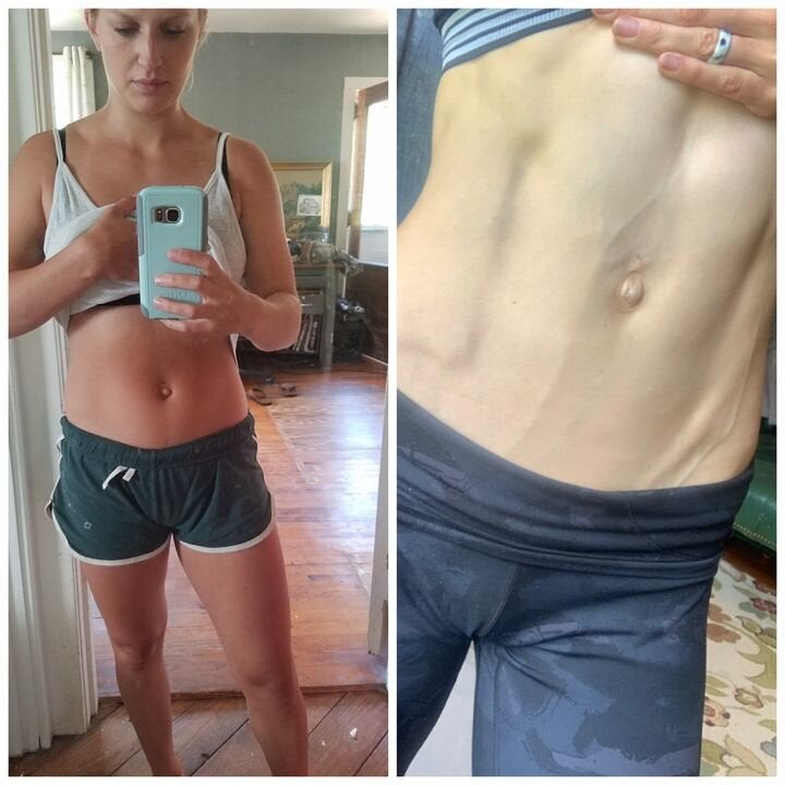 A la izquierda, dos meses después de dar a luz. A la derecha, dos semanas antes de mi primera competición postparto. Hay un año de diferencia entre las dos fotos. La mitad de ese tiempo la pasé recuperándome del parto y la otra mitad, preparándome para competir.