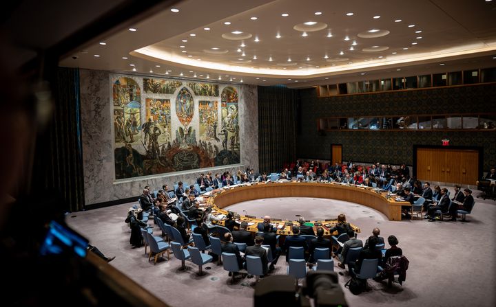 Members of the UN Security Council advise on the humanitarian situation in Syria during a meeting on Feb. 27, 2020.