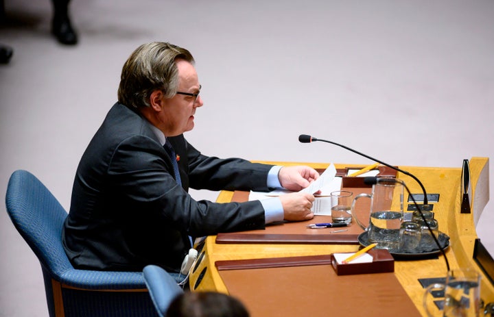 Canada's ambassador to the UN, Marc-Andre Blanchard speaks to the United Nations Security Council meeting on the situation in Venezuela on Jan. 26, 2019 at the United Nations in New York.