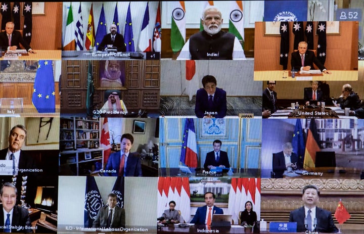 A view of members taking part on screen during an emergency G20 virtual summit to discuss the coronavirus crisis on March 26, 2020.