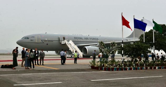 The RAF Voyager aircraft on the tarmac in Lahore during a royal visit to Pakistan.