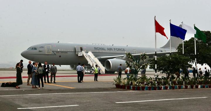 The RAF Voyager aircraft on the tarmac in Lahore during a royal visit to Pakistan.