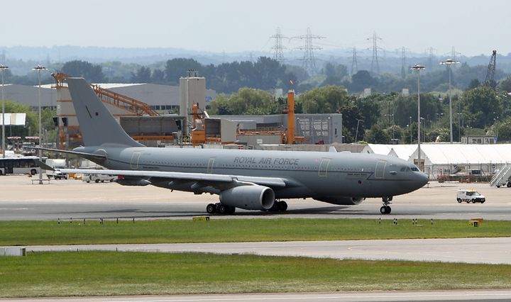 The RAF Voyager, which is being repainted in the colours of the Union flag