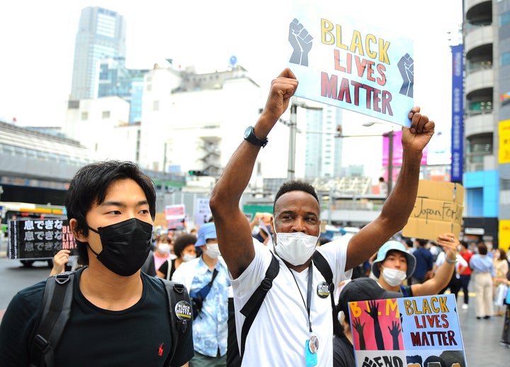 Supporters of Black Lives Matter Tokyo protest against racism and police violence in Tokyo on Sunday, June 14, 2020.