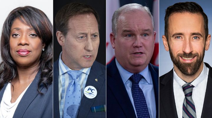 Conservative leadership hopefuls Leslyn Lewis, Peter MacKay, Erin O'Toole, and Derek Sloan are shown in a composite of images from The Canadian Press and Facebook.