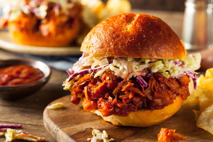 A vegan pulled-jackfruit sandwich