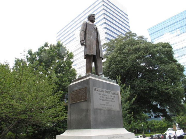 The statue honoring former South Carolina governor and U.S. senator "Pitchfork" Ben Tillman is seen on the grounds of the Statehouse in July 2015 in Columbia, South Carolina.