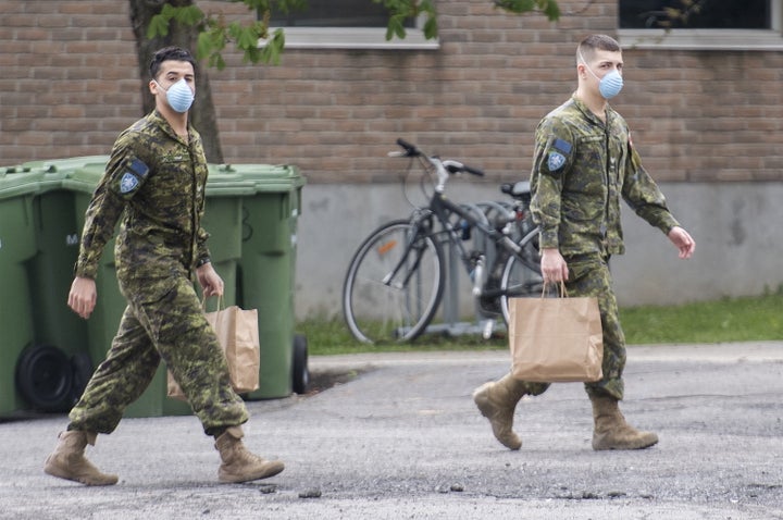 Members of the Canadian Armed Forces are shown at Residence Yvon-Brunet, a long-term care home in Montreal on May 16, 2020. 