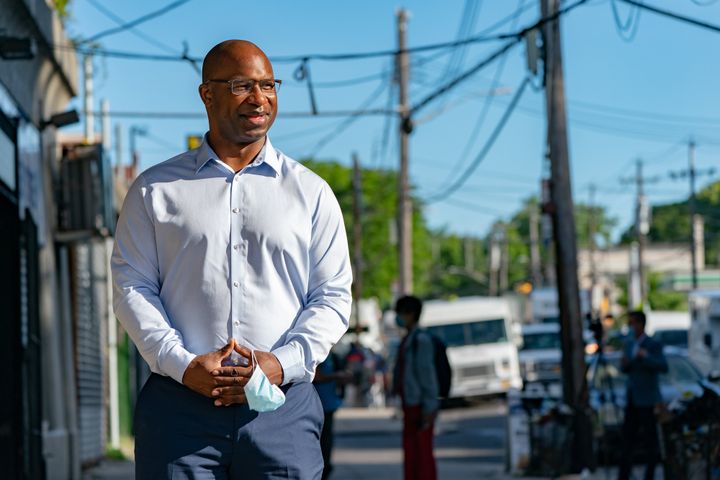 Jamaal Bowman greets voters outside a Bronx subway stop on Wednesday, June 17. He has cast himself as a better representative than Engel for the diverse district.