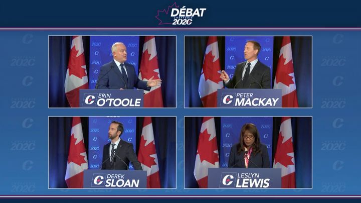 Conservative leadership candidates Erin O'Toole (top-left), Peter MacKay (top-right), Leslyn Lewis (bottom-right) and Derek Sloan (bottom-left) debate in French on June 17, 2020.