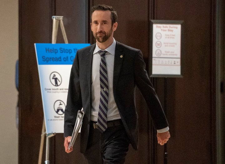 Conservative Party of Canada leadership candidate Derek Sloan arrives for the start of the French Leadership Debate in Toronto on June 17, 2020.