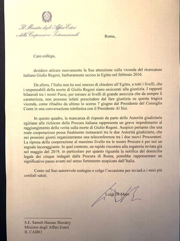 Regeni, lettera di Di Maio al