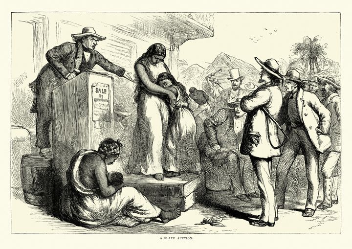 Vintage engraving of a Mother and daughter sold at Slave Auction, Southern USA, 19th Century