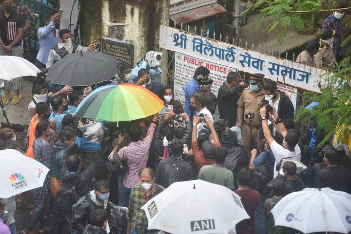 Media seen outside the crematorium as celebrities arrive for Sushant Singh Rajput's funeral at VileParle, on June 15, 2020 in Mumbai.