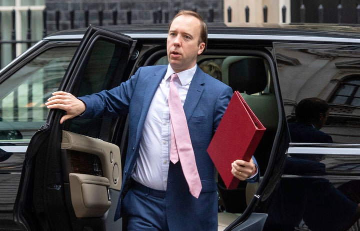 British Health Secretary Matt Hancock arrives at 10 Downing Street, in Westminster, London. (Dominic Lipinski/PA via AP)