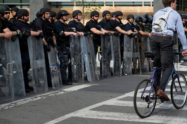 Members of the Federal Bureau of Prisons and other law enforcement block 16th Street near the White House on June 3.