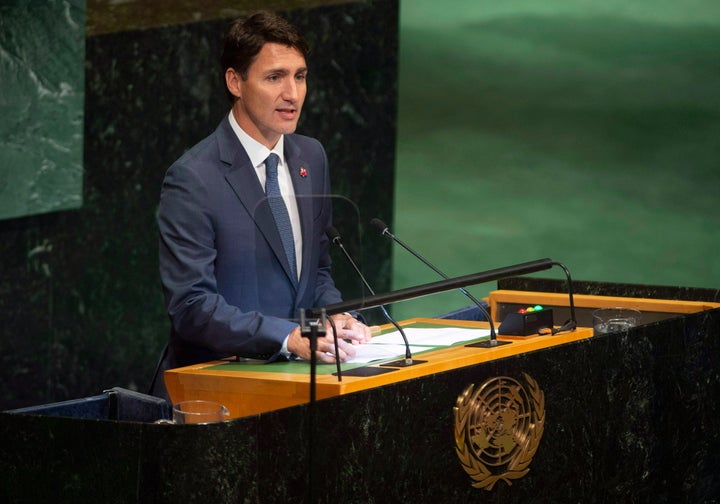 Prime Minister Justin Trudeau delivers remarks during the Nelson Mandela Peace Summit plenary session at the United Nations headquarters on Sept. 24, 2018. 