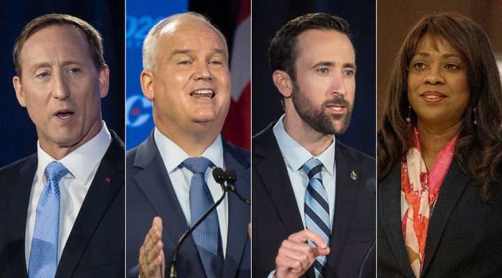 Conservative leadership candidates Peter MacKay, Erin O'Toole, Derek Sloan, and Leslyn Lewis are shown in a composite of images from The Canadian Press on June 18, 2020.