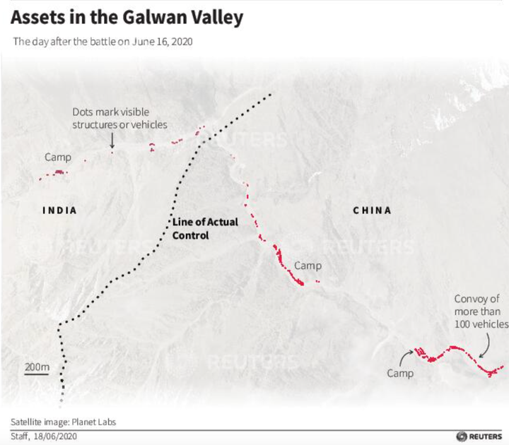 Reuters counted and marked all of the structures, vehicles and equipment that were visible in the image from June 16.