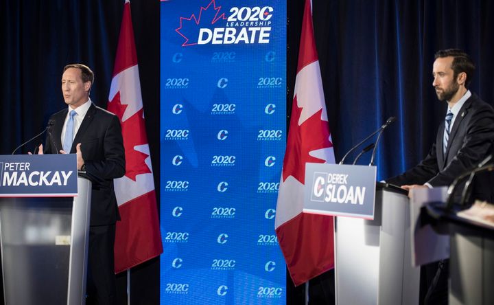 Conservative Party of Canada leadership candidates Peter MacKay, left, and Derek Sloan participate in the English debate in Toronto on June 18, 2020.