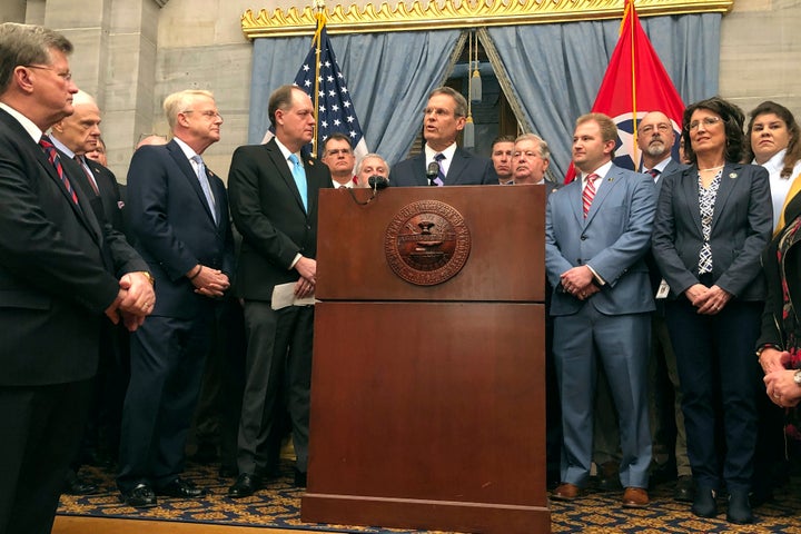 Tennessee Gov. Bill Lee, center, and fellow Republicans in the state General Assembly introduced the <a href="https://ww