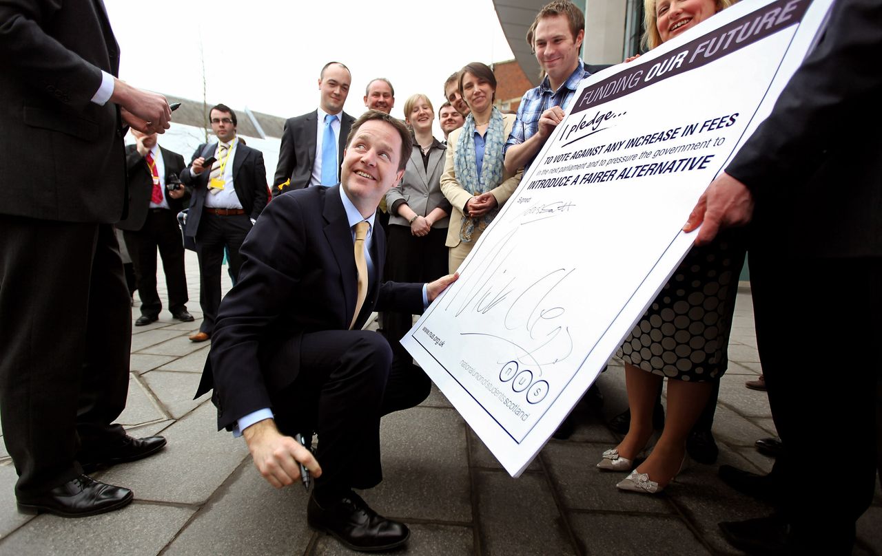 Former Lib Dem leader Nick Clegg attends a photo call before addressing the Scottish Party conference on March 5, 2010, in Perth, Scotland, on the manifesto – which included refusing to back an increase in student tuition fees.
