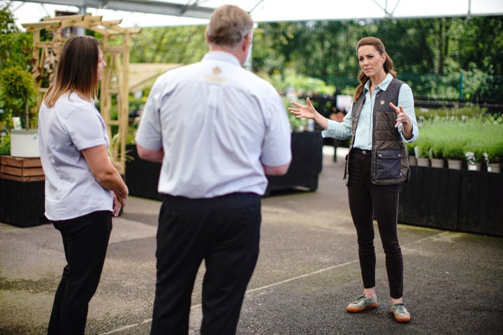 The garden center is near the duchess's Anmer Hall home. A keen gardener, the duchess wanted to hear how the COVID-19 pandemic had affected the family-run independent business, which first opened in 1984.