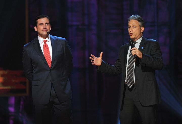 Steve Carell and Jon Stewart speak onstage at Comedy Central's Night Of Too Many Stars: An Overbooked Concert For Autism Education, on Oct. 2, 2010, in New York. Carell plays a role in Stewart's new movie.