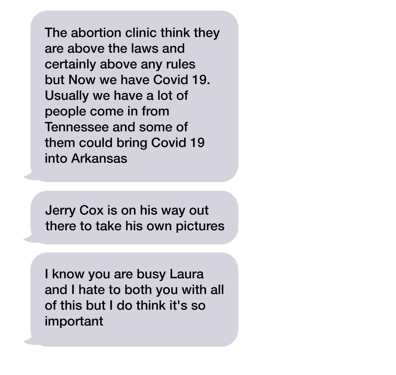 Marsha Boss sent many texts to the general counsel for the Arkansas Department of Health, Laura Shue, complaining about the Little Rock clinic. <em data-stringify-type="italic">(This graphic is based on copies of the texts obtained via a Freedom of Information Act request.)</em>