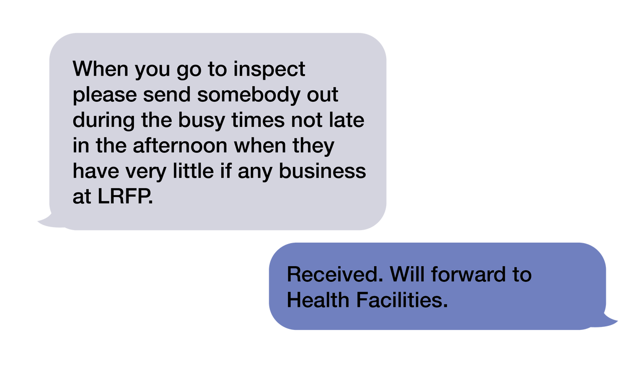 Marsha Boss advises Laura Shue, general counsel for the Arkansas Department of Health, when to send investigators to the clinic. <em data-stringify-type="italic">(This graphic is based on copies of the texts obtained via a Freedom of Information Act request.)</em>