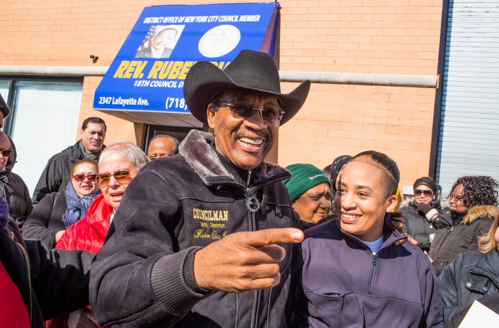 New York City Councilman Ruben Díaz Sr. leads a rally to protest the punishment he received for anti-gay remarks last year. Democrats fear a divided field could hand him a House seat.