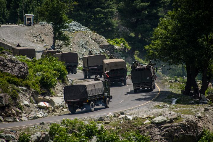 Indian army convoy drives towards Leh, on a highway bordering China, on June 19, 2020 in Gagangir, India.