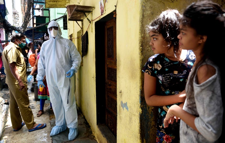 A health care worker in Mumbai's Dharavi on June 20, 2020 in Mumbai, India.