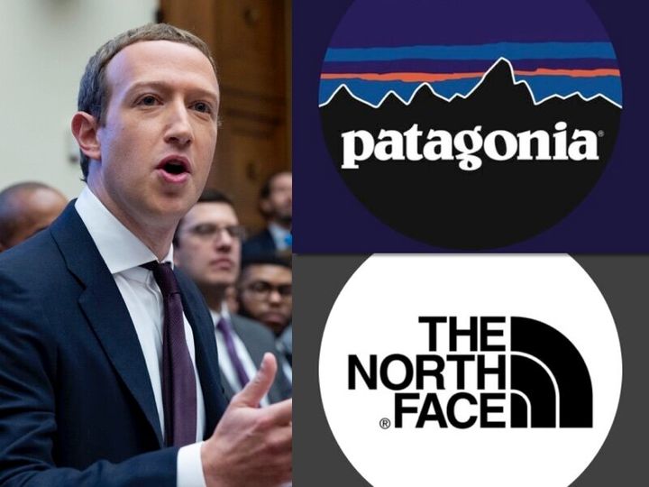 FacebookのザッカーバーグCEO（左）と、パタゴニアとノースフェイスのブランドロゴ