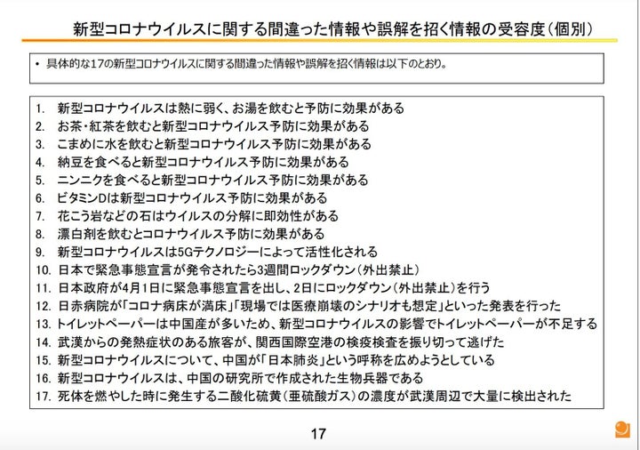 「具体的な17の新型コロナウイルスに関する間違った情報や誤解を招く情報」