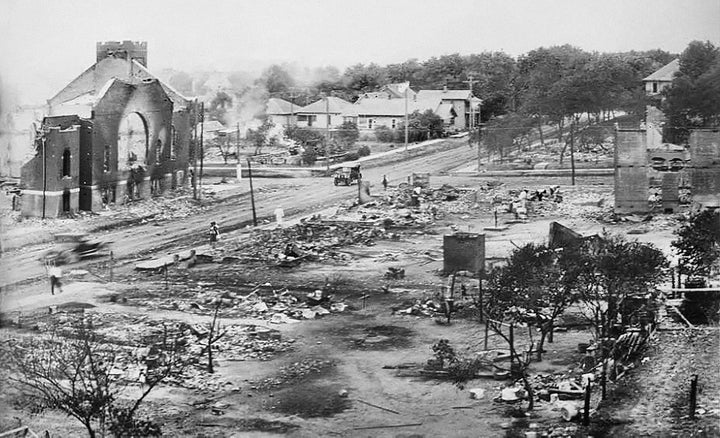 Part of Greenwood District burned in Tulsa, Oklahoma, June 1921. (Photo by: Universal HIstory Archive/Universal Images Group via Getty Images)