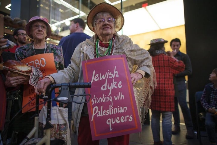 The author (center) at a demonstration outside the Anti-Defamation League in October 2019, where she and others called for the group to end exchanges between U.S. and Israeli police and military.