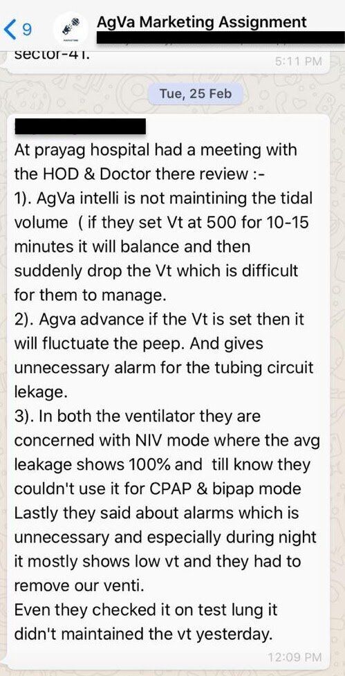 Internal AgVa chats accessed by Huffpost India. Sales executive sharing feedback from Prayag hospital with the team. VT refers to the tidal volume. 