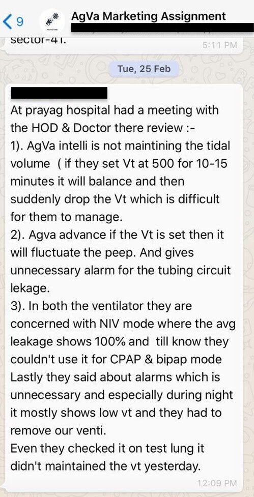 Internal AgVa chats accessed by Huffpost India. Sales executive sharing feedback from Prayag hospital with the team. VT refers to the tidal volume.