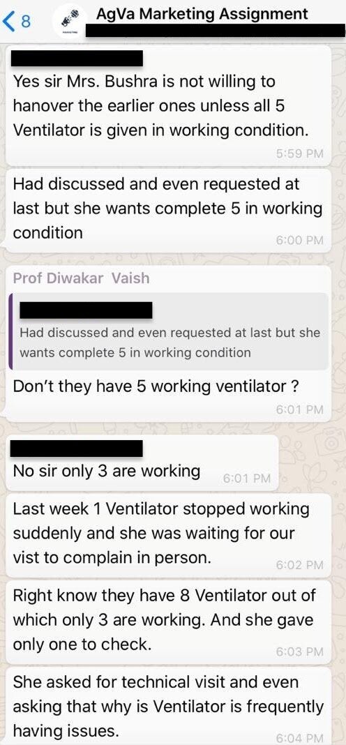 Internal AgVa chats accessed by Huffpost India. Here, sales executive is sharing feedback from Subharti Hospital in Meerut. “Mrs. Bushra” is an administrative assistant at the hospital.
