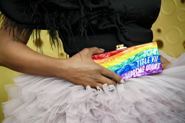 Laverne Cox brought a rainbow-striped Edie Parker clutch to the 2019 Emmy Awards that reminded Americans about an upcoming Supreme Court case with major implications for LGBTQ workers. 