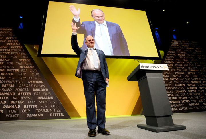 Sir Ed Davey receives applause following his speech during the Liberal Democrats autumn conference at the Bournemouth International Centre in Bournemouth.