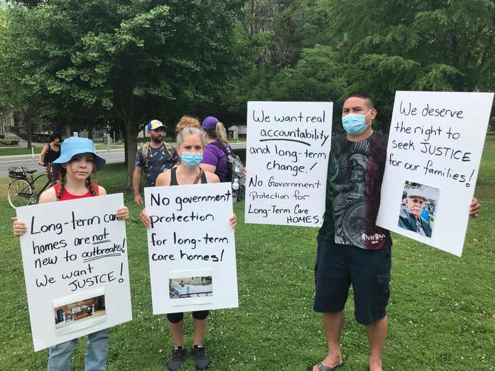 Marilyn Xuereb and her family rally at Queen's Park in Toronto on June 23, 2020 after losing a family member to COVID-19 at Downsview Long Term Care.