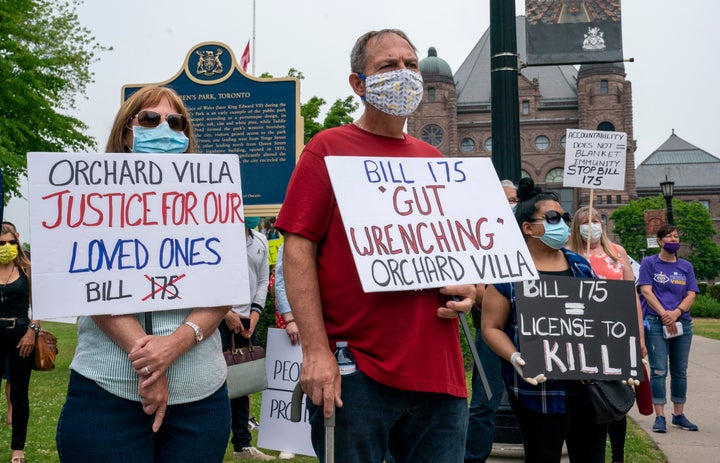 Demonstrators protest against Bill 175, the province's new home care legislation, outside Queen's Park in Toronto on June 23, 2020.
