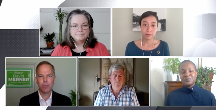 Green Party of Canada leadership candidates are shown debating on TVO’s “The Agenda” on June 23, 2020. From bottom left: David Merner, Glen Murray, and Annamie Paul. From top left: Judy Green and Amita Kuttner