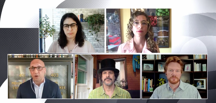 Green Party of Canada leadership candidates are shown debating on TVO’s “The Agenda” on June 23, 2020. From bottom left: Dimitri Lascaris, Dylan Perceval-Maxwell, and Andrew West. From top left: Meryam Haddad and Courtney Howard