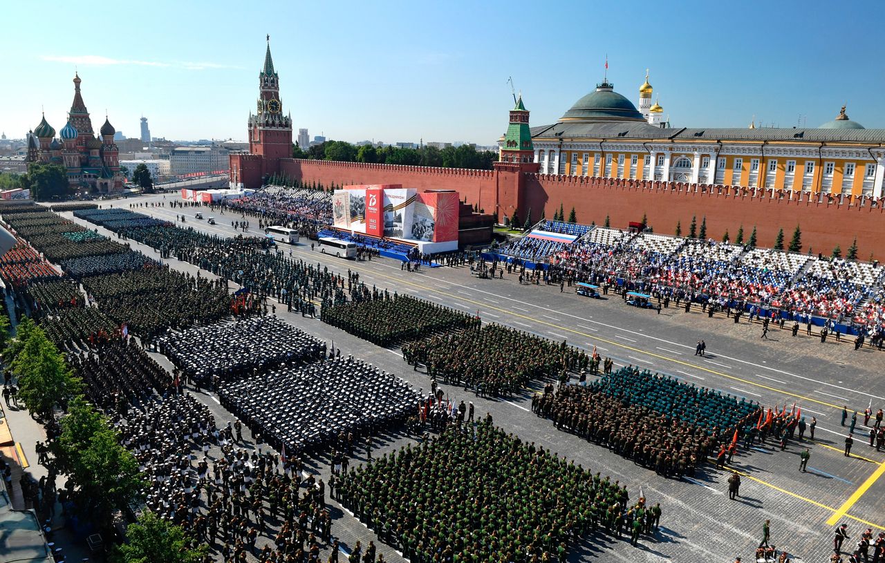 Parade formations are seen ahead of the military parade marking the 75th anniversary of the Nazi defeat on Red Square in Moscow, Russia, Wednesday, June 24, 2020. The Victory Day parade normally is held on May 9, the nation's most important secular holiday, but this year it was postponed due to the coronavirus pandemic. (Mikhail Voskresenskiy, Host Photo Agency via AP)