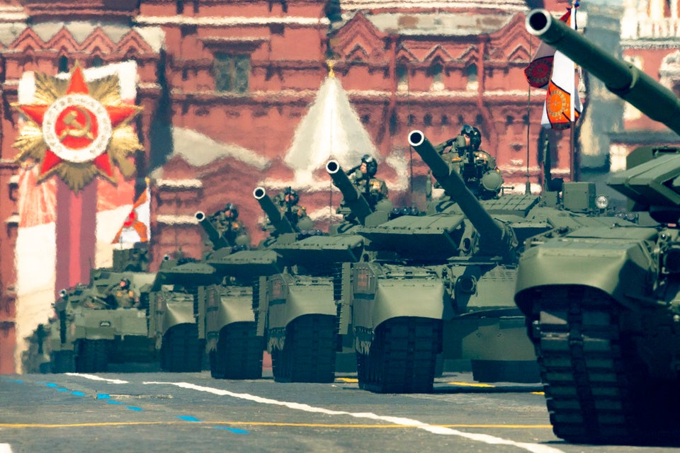 Russian tanks roll in Red Square during the Victory Day military parade marking the 75th anniversary...