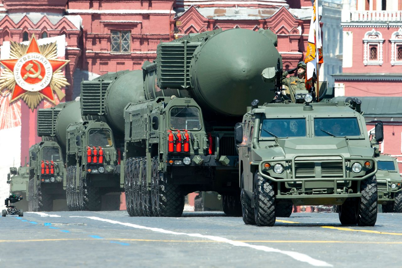 Russian RS-24 Yars ballistic missiles roll in Red Square during the Victory Day military parade marking the 75th anniversary of the Nazi defeat in Moscow, Russia, Wednesday, June 24, 2020. The Victory Day parade normally is held on May 9, the nation's most important secular holiday, but this year it was postponed due to the coronavirus pandemic. (AP Photo/Alexander Zemlianichenko)