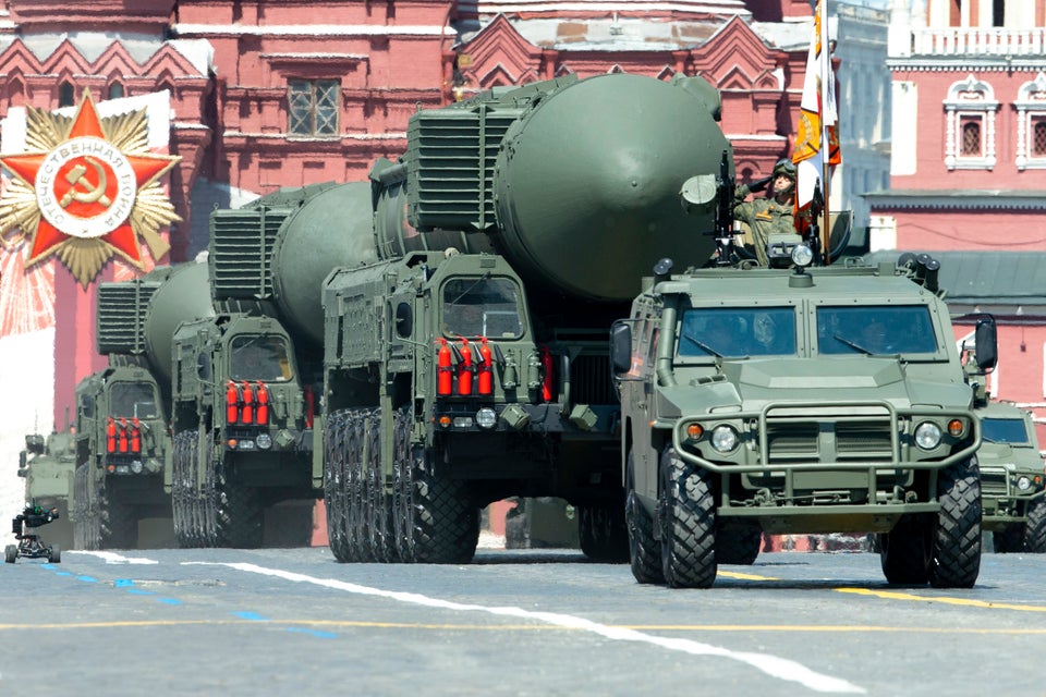 Russian RS-24 Yars ballistic missiles roll in Red Square during the Victory Day military parade marking...